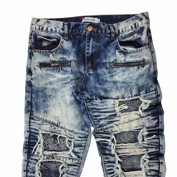 DENIM HOUSE Jean Men 34x32 Blue Moto Zipper Light Acid Wash Distressed Destroyed - Picture 2 of 5
